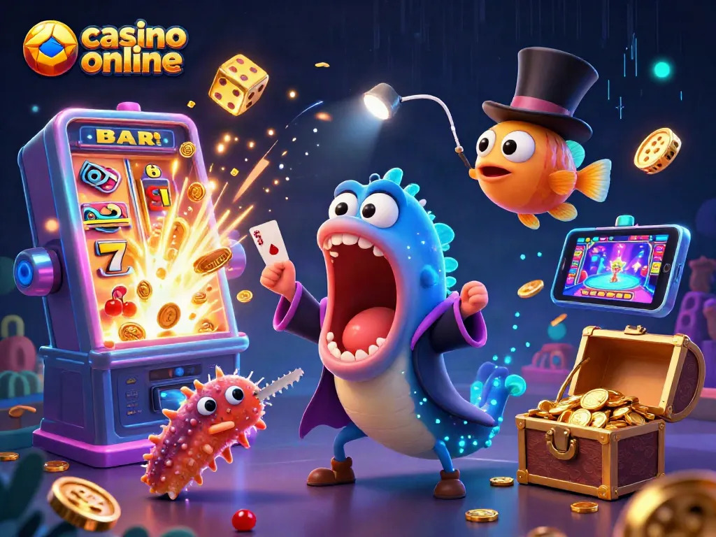 Gana en un casino online con esta colorida ilustración 3D llena de emoción y elementos dinámicos.