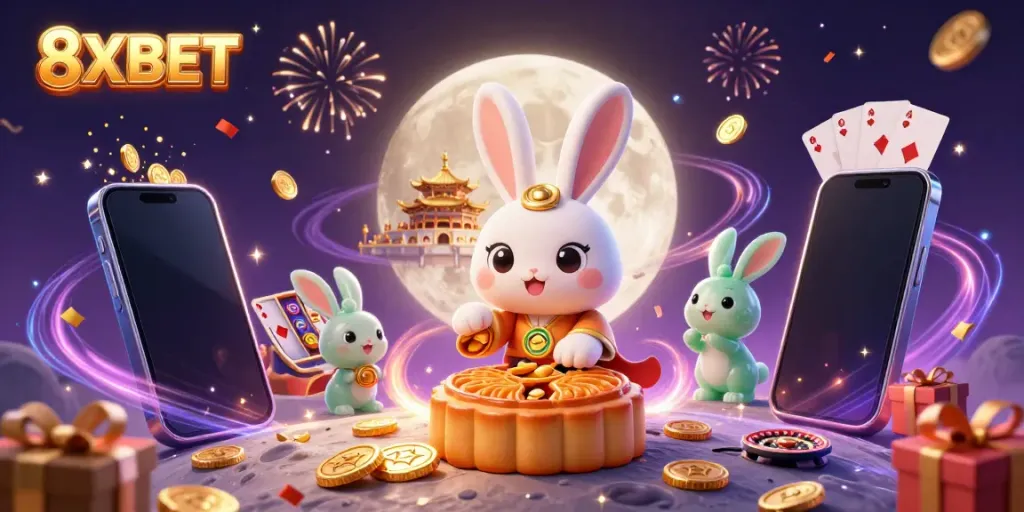 Experience the vibrant world of 8XBET with cartoon characters enjoying casino games on the moon.