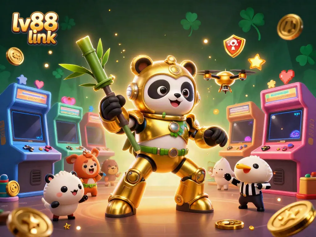 Engage in the exciting lv88 link experience with a golden panda in a vibrant casino arena.