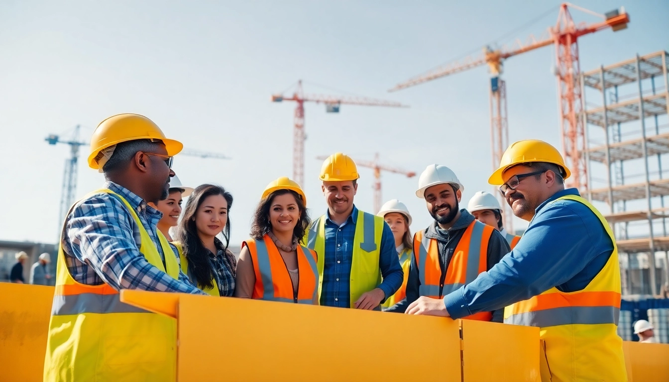 Workers engaged in a construction career showcasing teamwork on a building site.