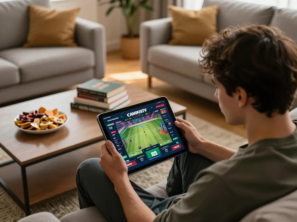 View of a person engaged with CAKHIATV while placing sports bets on a tablet at home, showcasing a strategic betting environment.