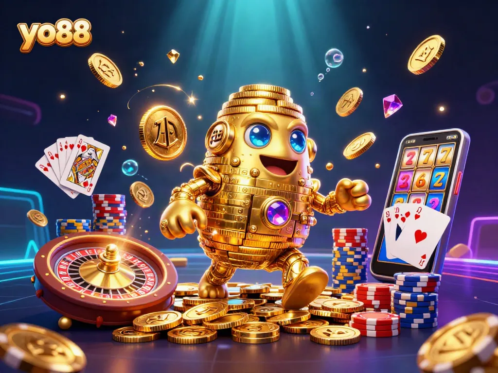 Spin the reels and win big with yo88 in this vibrant casino themed illustration featuring a golden golem and sparkling coins.