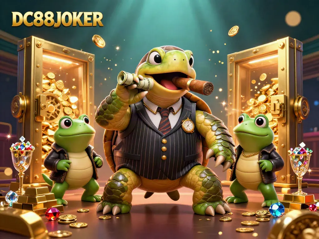 Experience the thrill of DC88JOKER with a colorful casino scene featuring a mobster turtle and bullfrog enforcers.