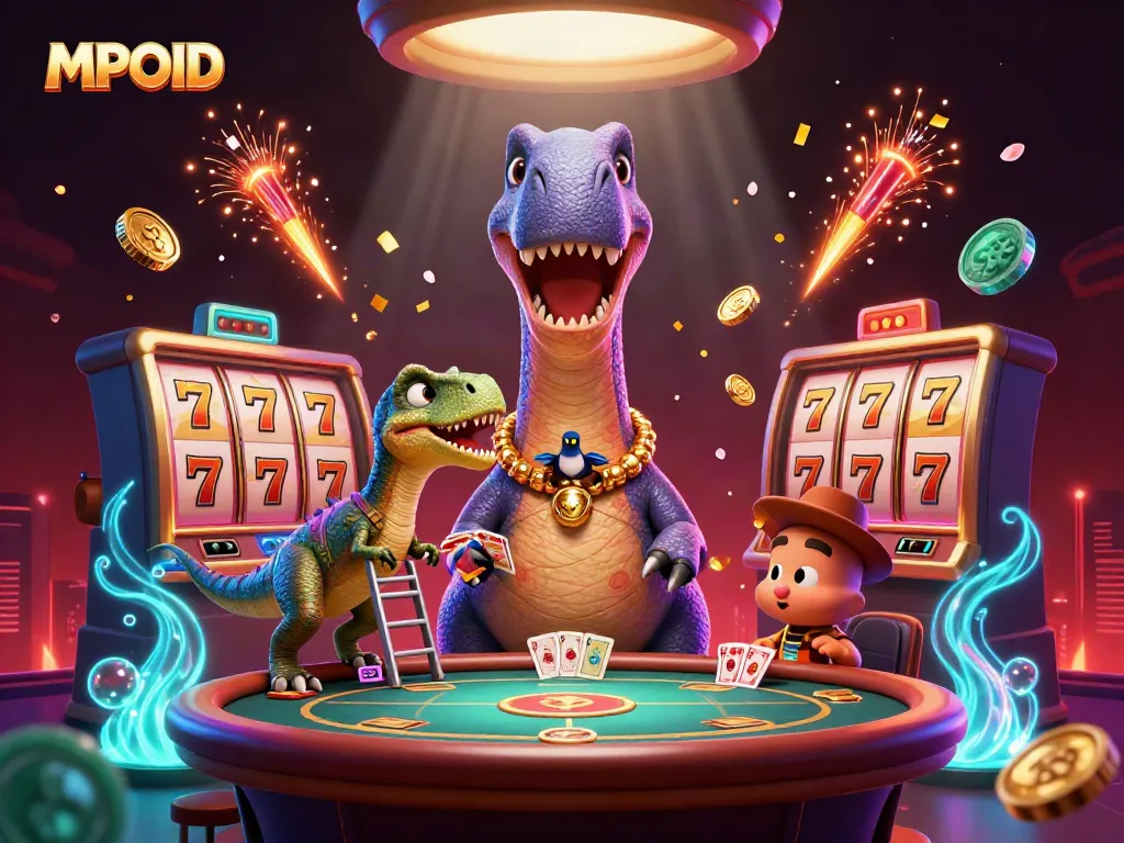 MPOID illustrates an exciting casino scene with a giant brontosaurus and dynamic gaming elements.