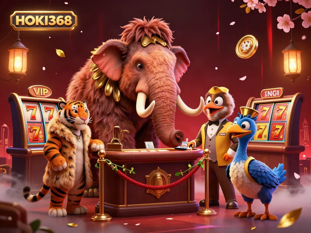 Experience thrilling gameplay with HOKI368, as a bouncer checks IDs at a vibrant casino entrance.