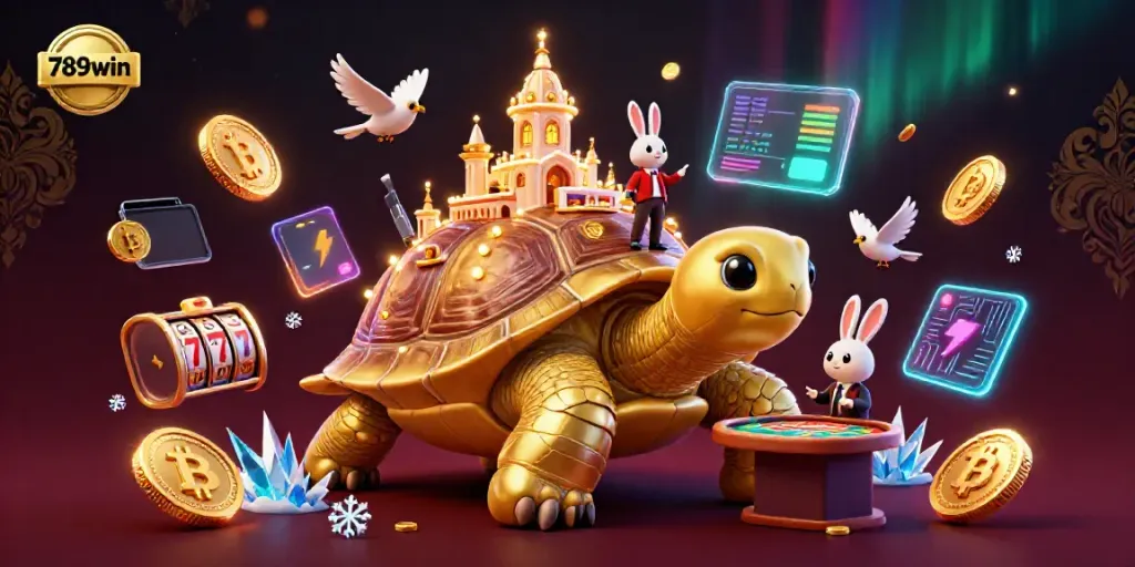 Engage with 789win in this vibrant, packed scene featuring a golden tortoise casino and a rabbit dealer, with crypto elements.