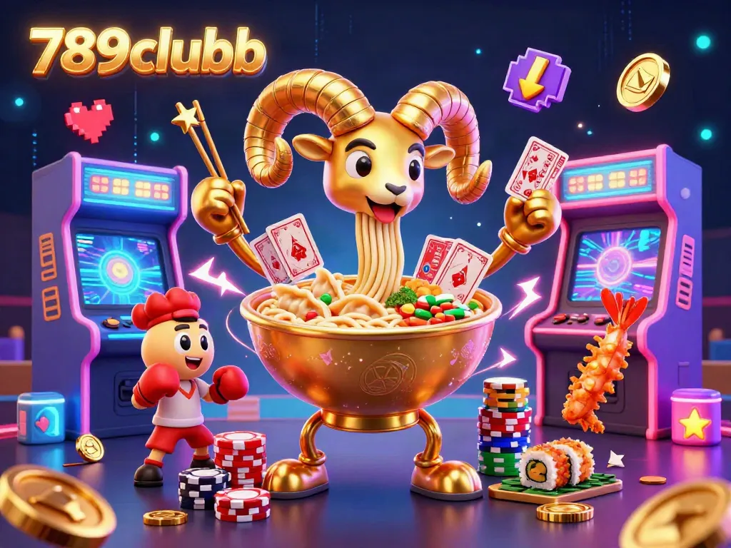 Engage with 789clubb's exciting casino adventure featuring a dynamic golden ramen bowl character.