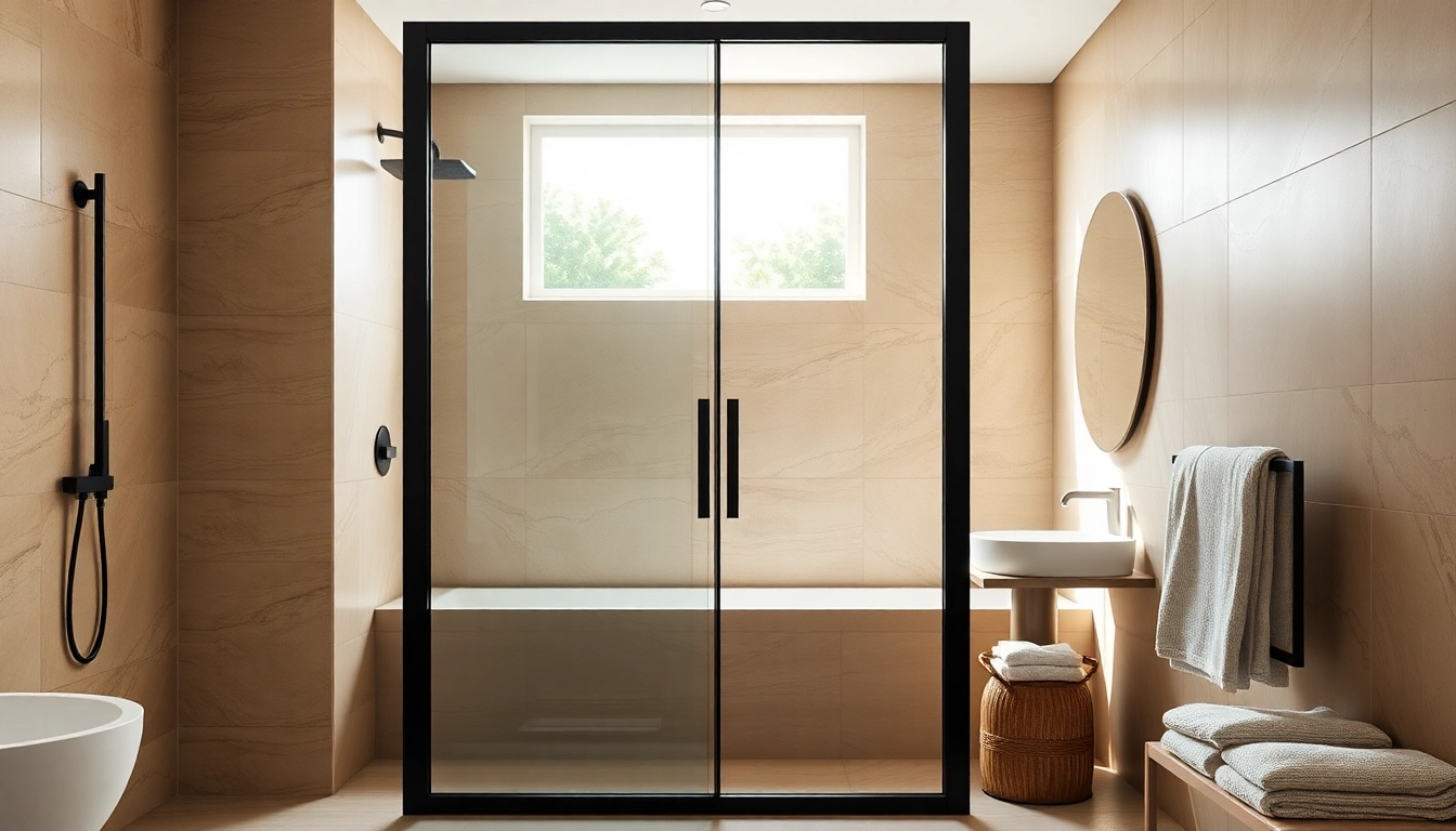 Admire black frame shower doors enhancing a modern bathroom with sleek design and natural lighting.