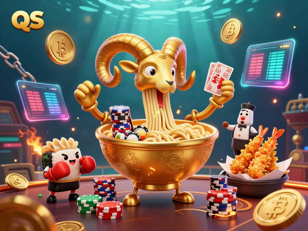 Experience intense action with the QS 88 casino illustration featuring a golden ramen dealer, Bitcoin coins, and vibrant casino elements.