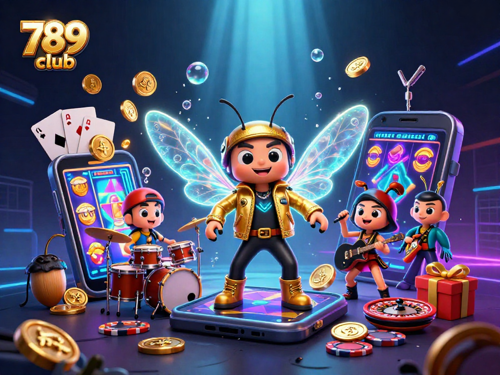 Experience thrilling excitement at 789 club with a dazzling casino scene featuring a rock star and vibrant game elements.