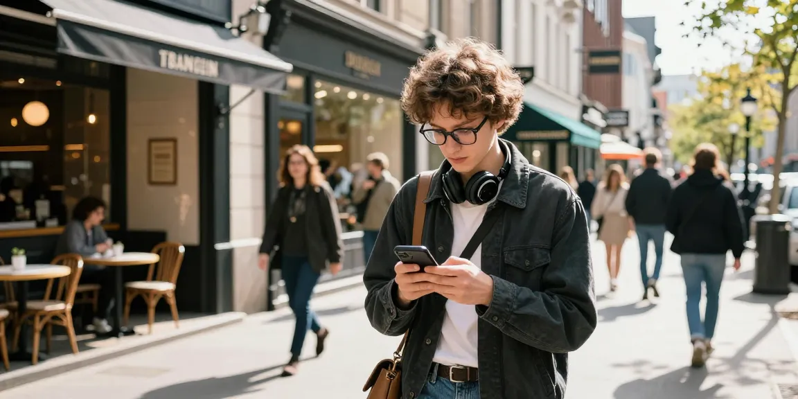 Young adult wearing trendy óculos de grau in a vibrant urban setting, engaged with a smartphone, showcasing modern lifestyle and fashion.