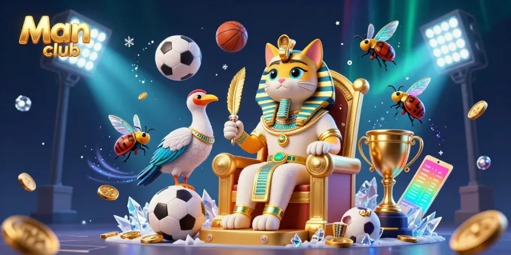 Engage in thrilling gaming action at Man club, featuring spirited Egyptian characters and vibrant casino elements.