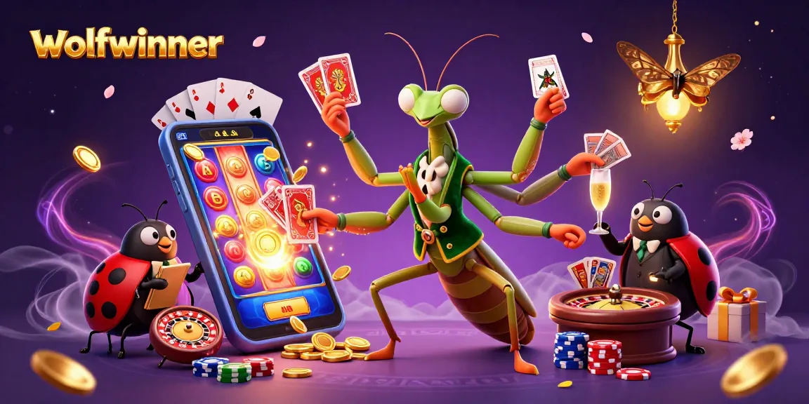 Experience the thrill with wolfwinner's exciting gaming scene featuring a praying mantis dealer and ladybug pit boss.