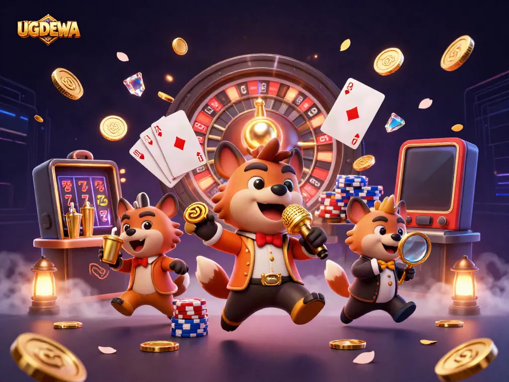 Experience the lively UGDEWA casino atmosphere with humorous hyenas indulging in games.