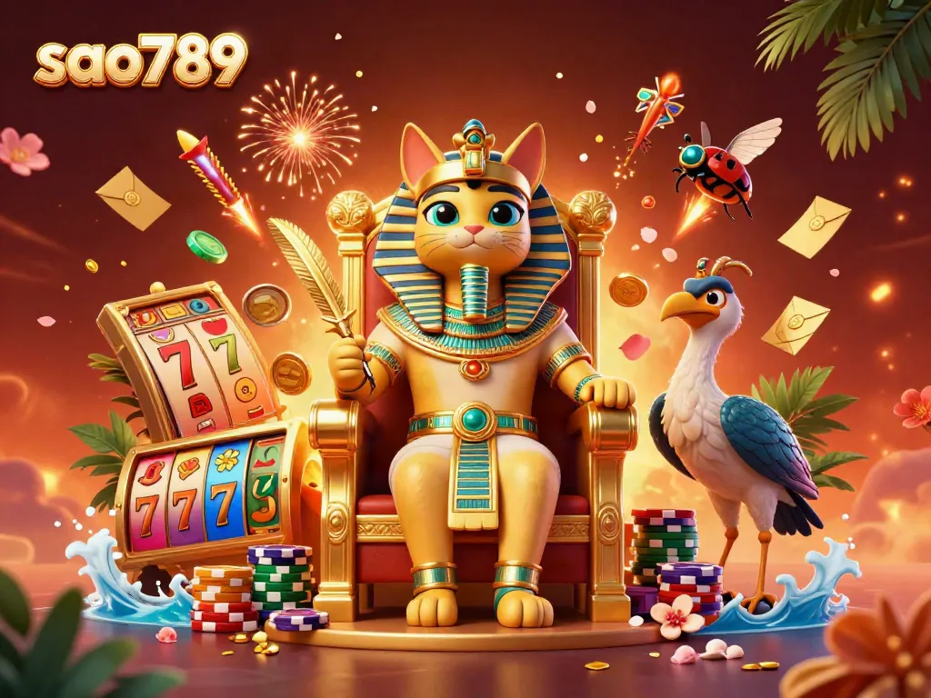 Experience thrilling winning with Sao789's vibrant casino-themed illustration featuring iconic game symbols.