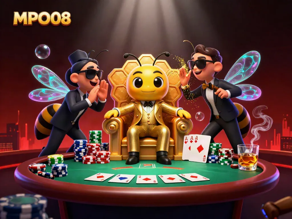 Experience MPO08 excitement in a 3D casino scene with a bumblebee mob boss and vibrant poker elements.