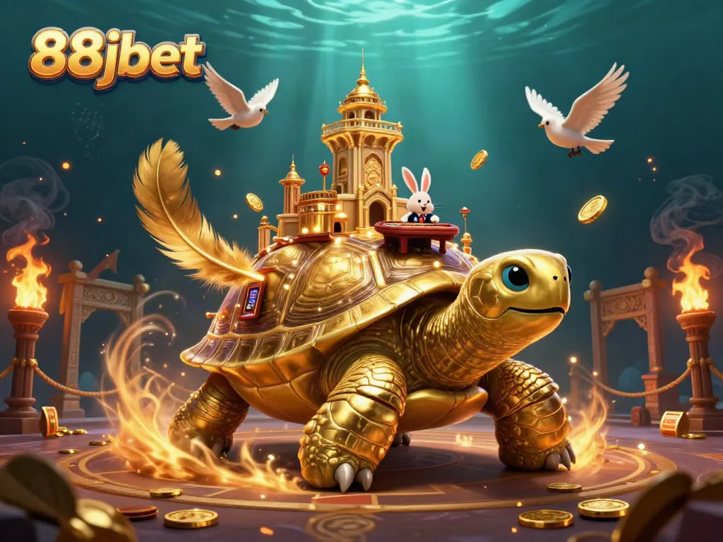 Engage with 88jbet's vibrant 3D casino scene featuring a golden tortoise and rabbit dealer.