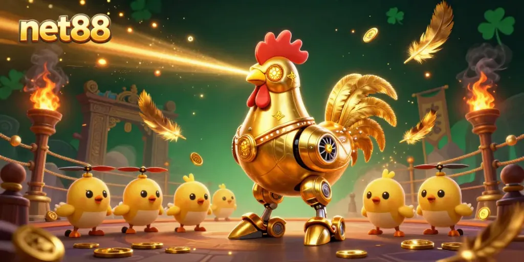 Engage with the thrilling action of net88, where a futuristic golden rooster robot leads baby chick drones in an exciting betting arena.