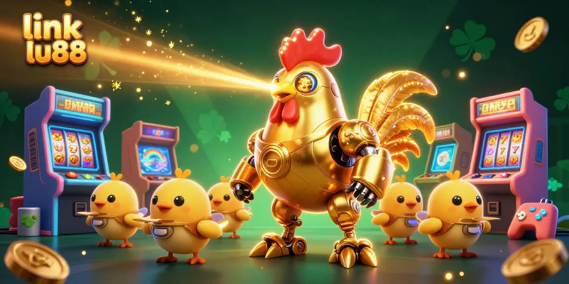 Engage with thrilling games at link lu88, featuring dynamic golden rooster robot and casino elements.