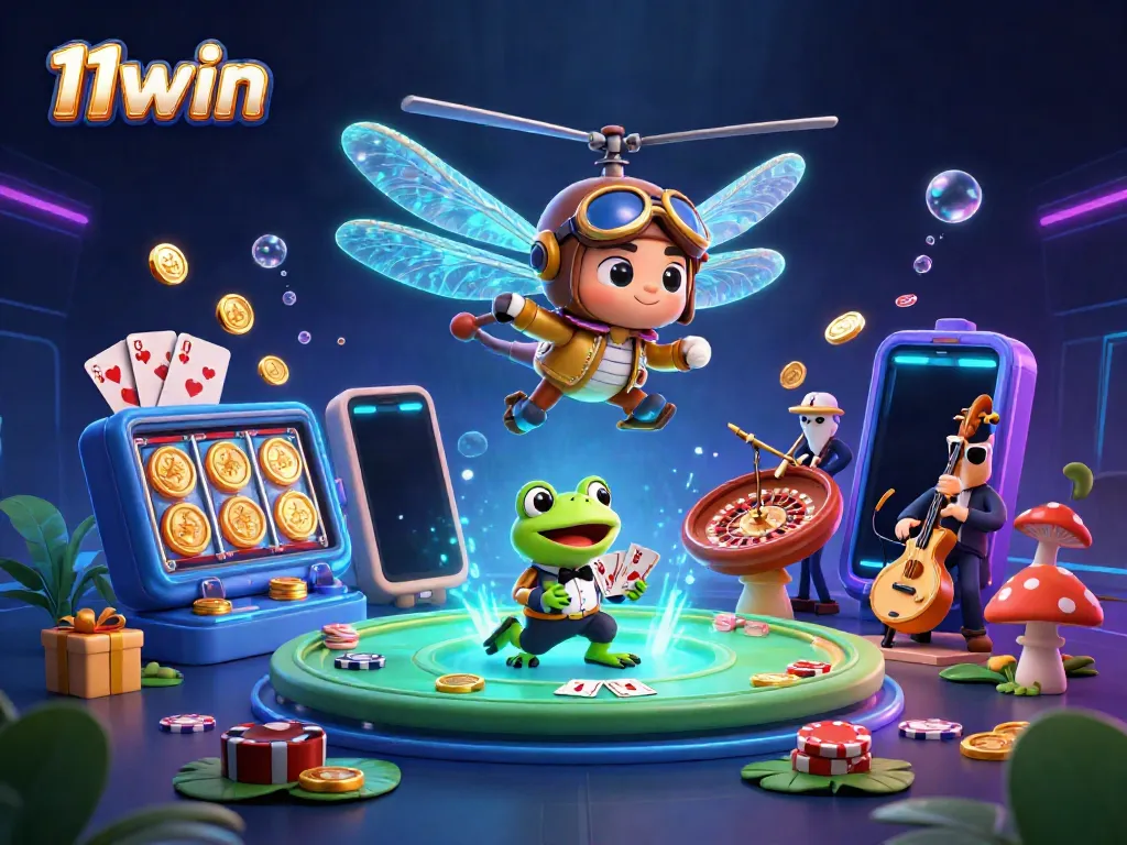 11win showcases exciting casino gaming with vibrant 3D characters in a colorful scene.