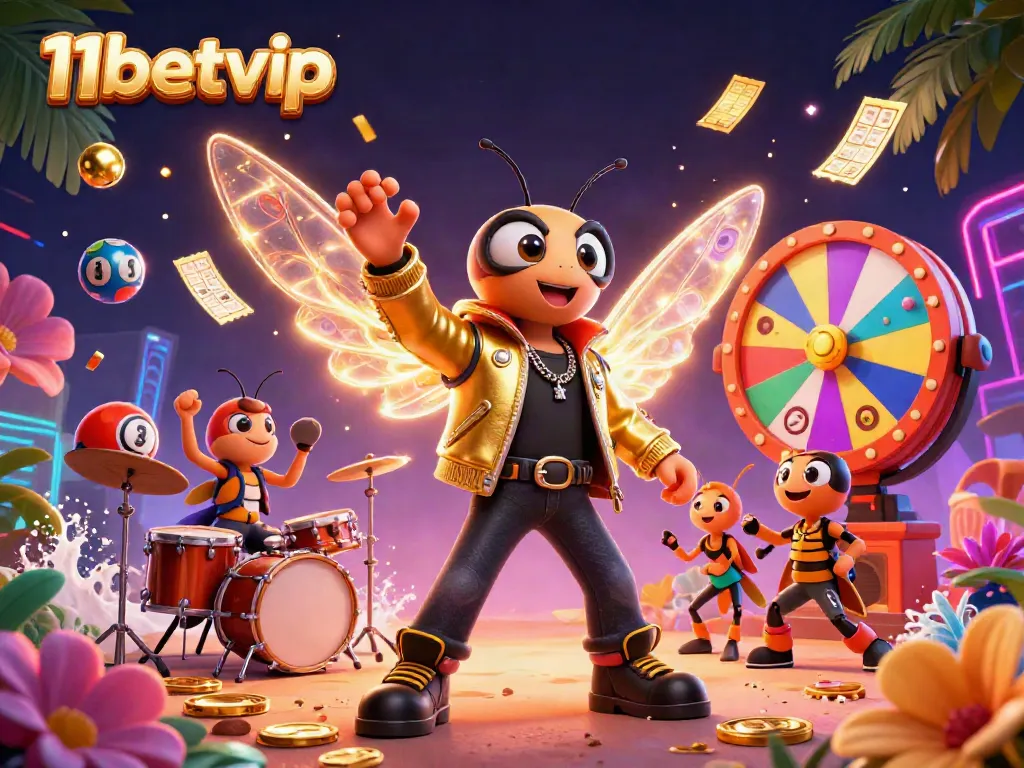 Engage with the vibrant 11betvip lottery theme featuring a rock star cicada and colorful elements.