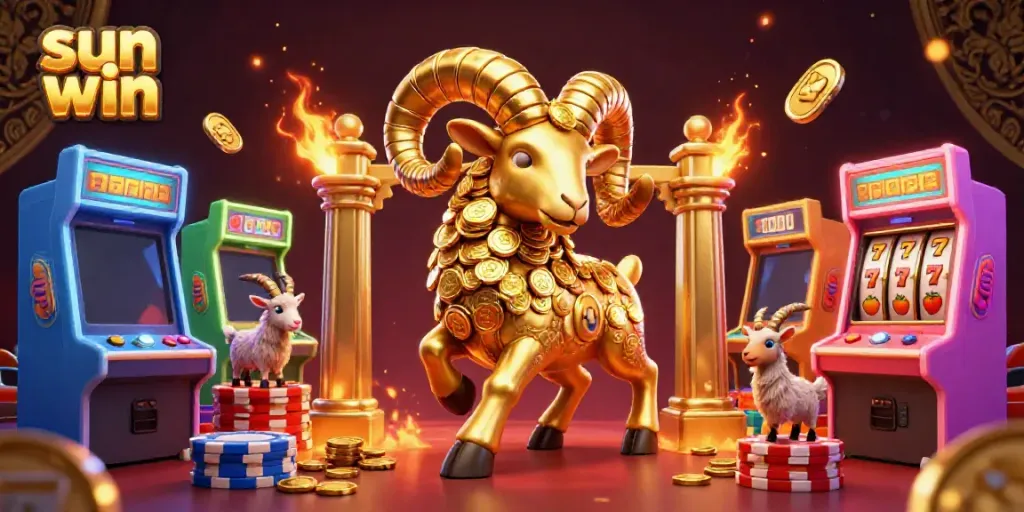 Engage in exciting gameplay with sun win's thrilling golden ram charging through a dynamic casino scene.