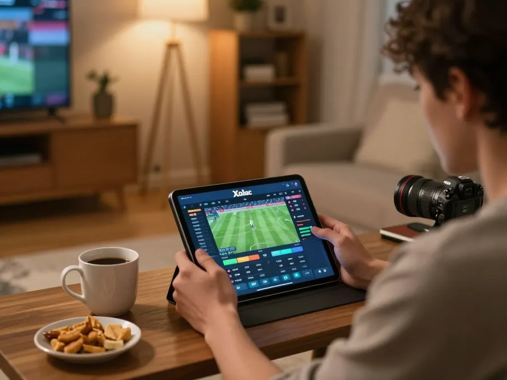 Xoilac sports betting interface displayed on tablet in a cozy home setup, showcasing responsible gaming.