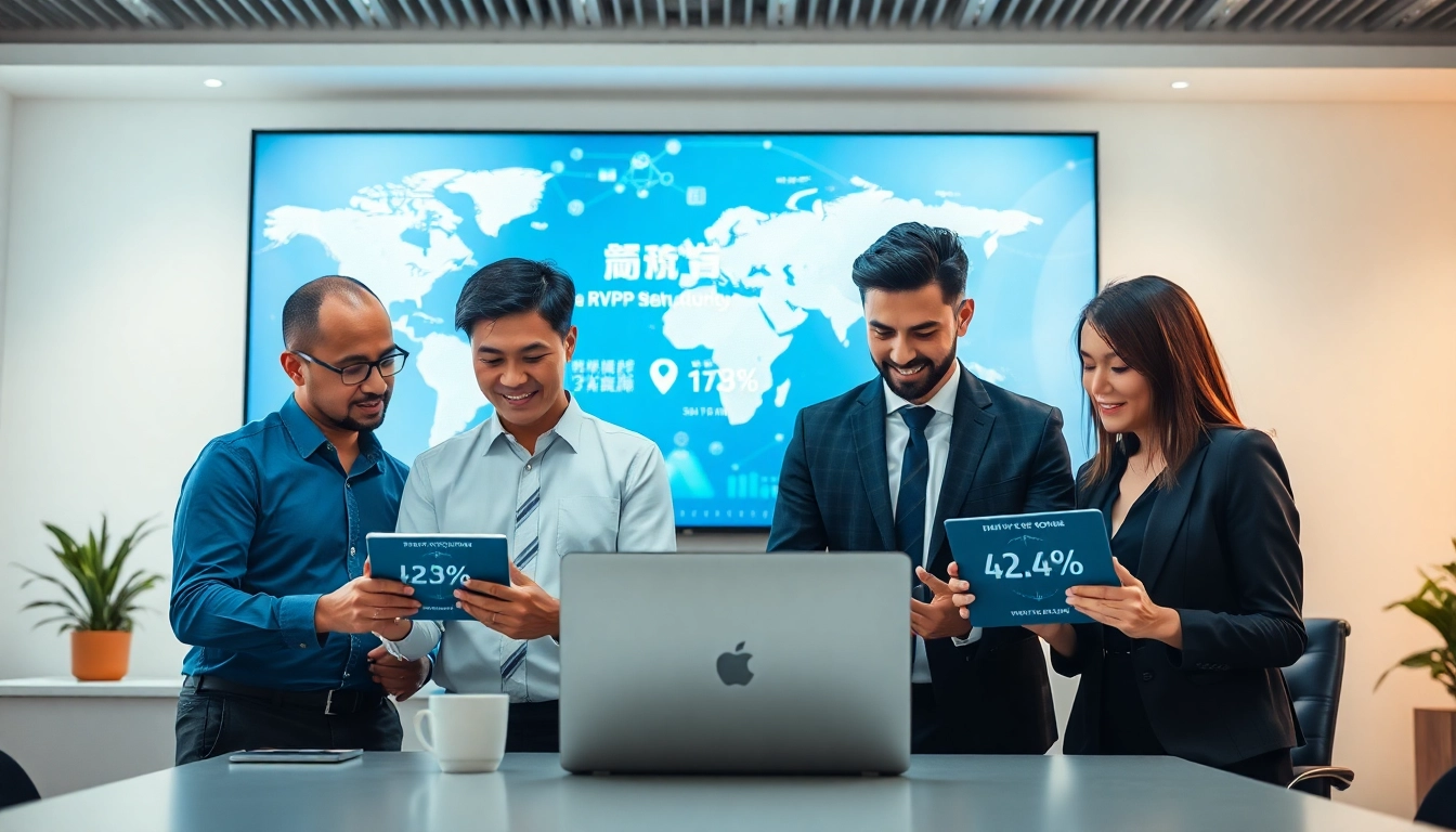 快连官网 interface shown by diverse professionals in a modern office promoting advanced VPN technology.