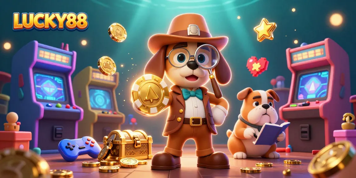 Experience the thrill of LUCKY88 with a vivid 3D casino scene featuring a detective solving poker clues.