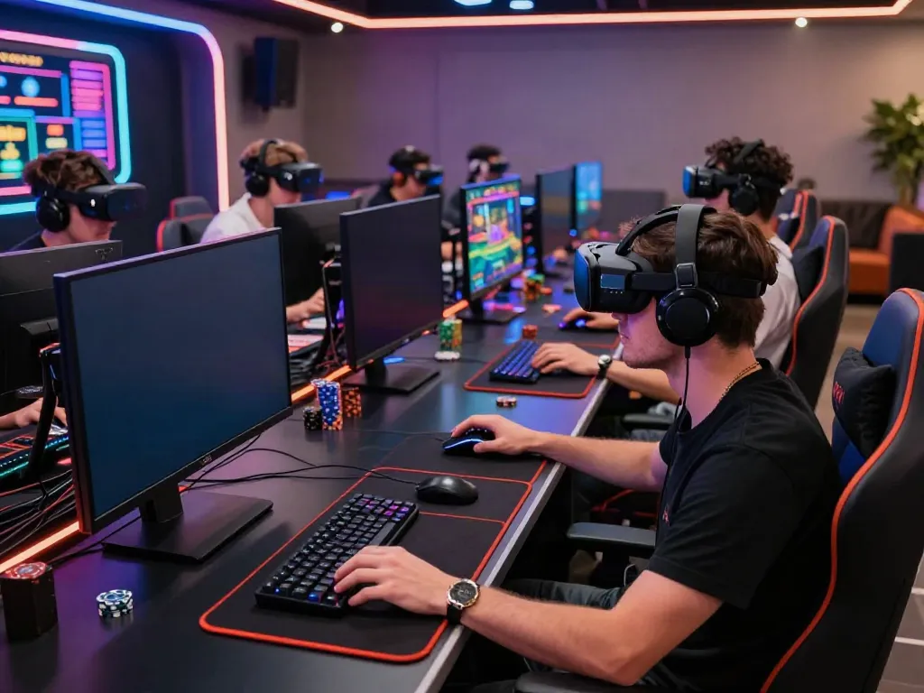 Men enjoying an exciting gaming experience at a modern Manclub gaming lounge.