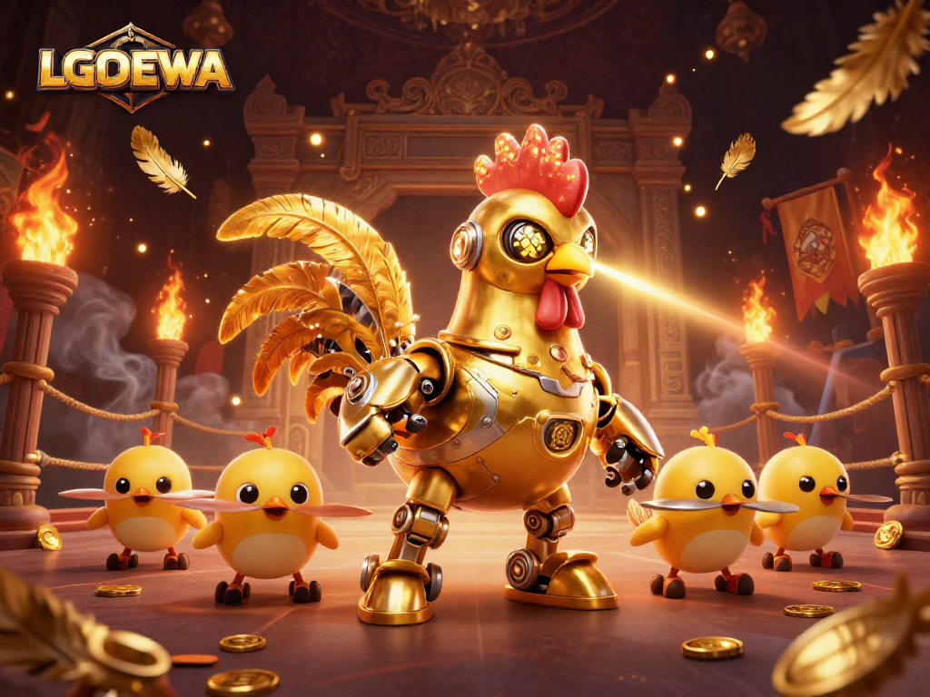 Experience the excitement of LGODEWA as a golden rooster robot fires laser patterns in a rich casino scene.