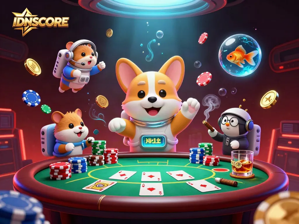 IDNSCORE showcases a gambling scene with floating poker chips, an astronaut corgi, and casino elements.