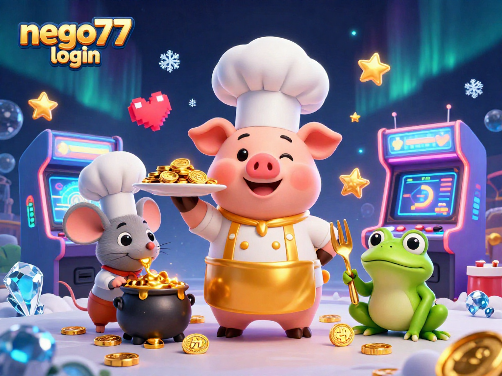 Experience the excitement of nego77 login through vibrant casino-themed 3D cartoon characters.