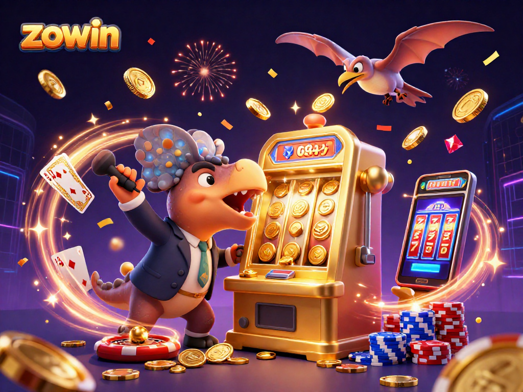 Zowin showcases a thrilling casino scene with a dinosaur and slot machine winning jackpot coins.