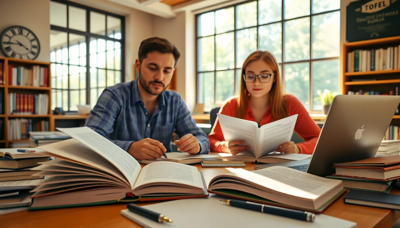 Engaged toefl test takers for hire studying in a bright academic space.