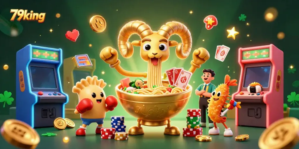 Experience thrilling betting action at 79king with a vibrant casino-themed scene featuring animated food characters.