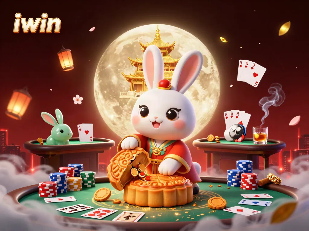 Experience exciting gaming action with iwin, featuring a moon rabbit character and vibrant poker elements.