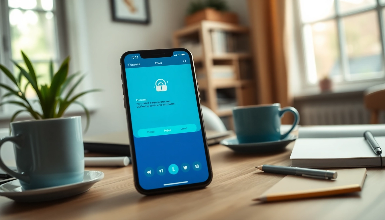 Potato下载 app interface on a smartphone in a cozy workspace promoting secure communications.