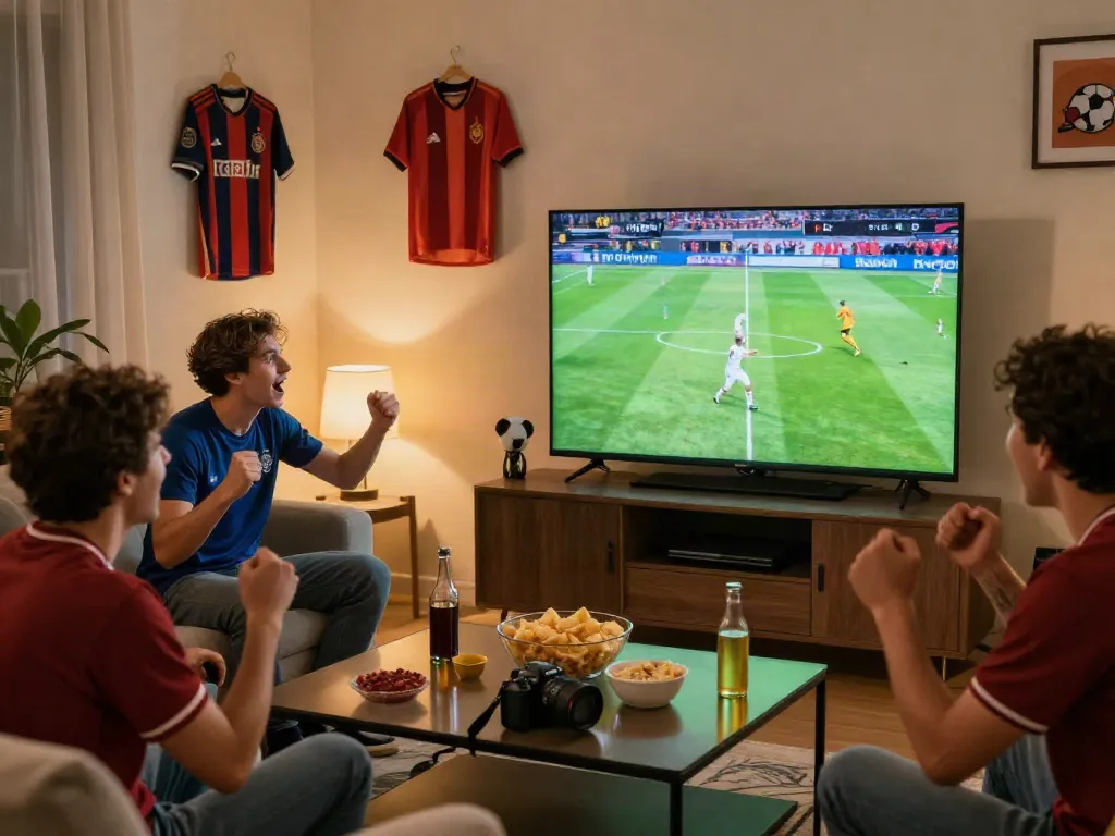 Friends watching a thrilling football match on https://gavangtv.life/ in a cozy living room, excitement in the air.
