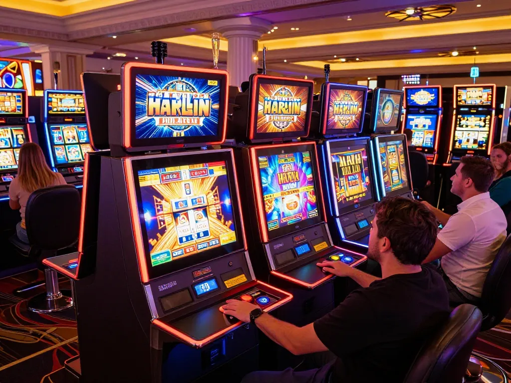 Pemain yang terlibat memutar gulungan pada mesin slot Paris di atmosfer kasino Vegas yang hidup.