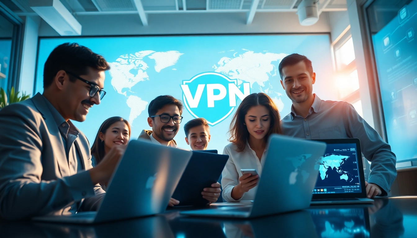 协作办公环境中多位专业人士讨论安全连接的快连 VPN 标志。