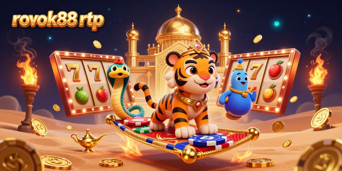 Spin the reels in the vibrant ROKOK88 RTP casino adventure featuring a tiger sultan on a flying carpet.