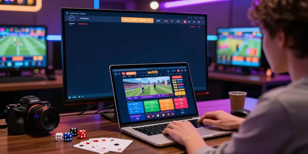 Engaging Net88 online gaming scene with user interacting on laptop in vibrant setting.