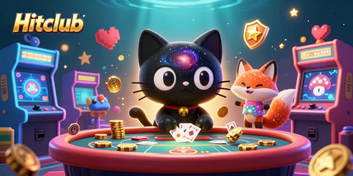 Hitclub's cosmic casino adventure features a black hole cat pulling in golden chips surrounded by vibrant gaming elements.