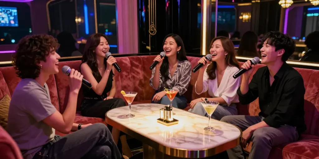 강남달토의 고급스러운 노래방에서 즐거운 시간을 보내는 친구들
