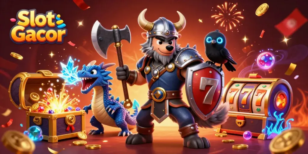 Experience Slot Gacor excitement with a Viking warrior, dragon, and treasures in this vibrant 3D illustration.