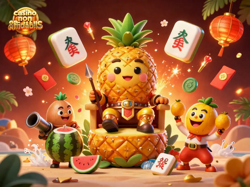 Gioca ai migliori casino non AAMS affidabili con il re della frutta e i giocolieri sullo sfondo vibrante.