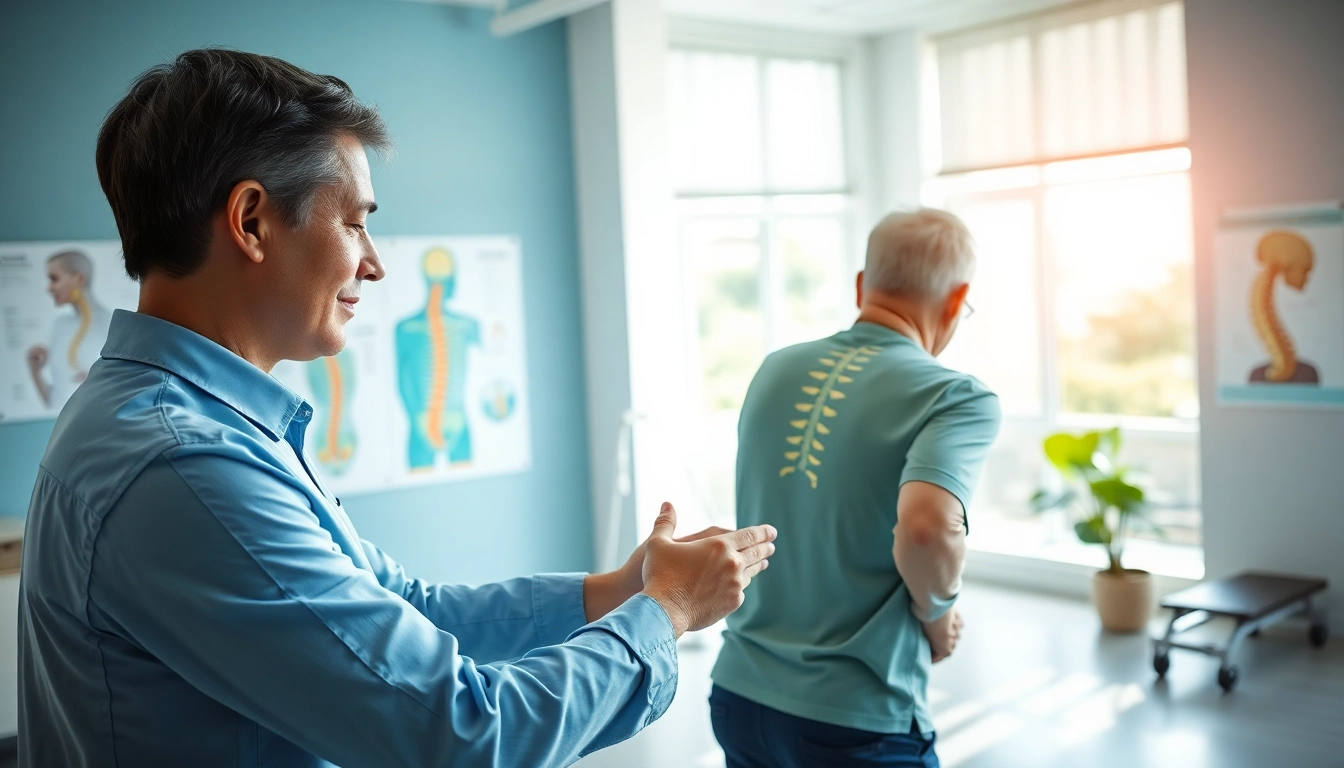 Therapist guides patient in back pain relief techniques in a bright clinic.