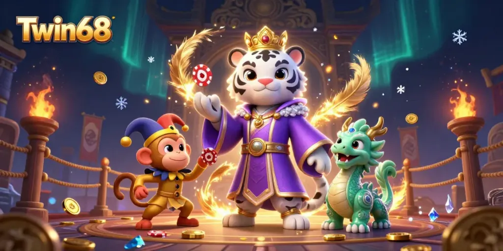 Experience excitement at Twin68 with charming characters amidst a vibrant, dynamic casino-themed scene.