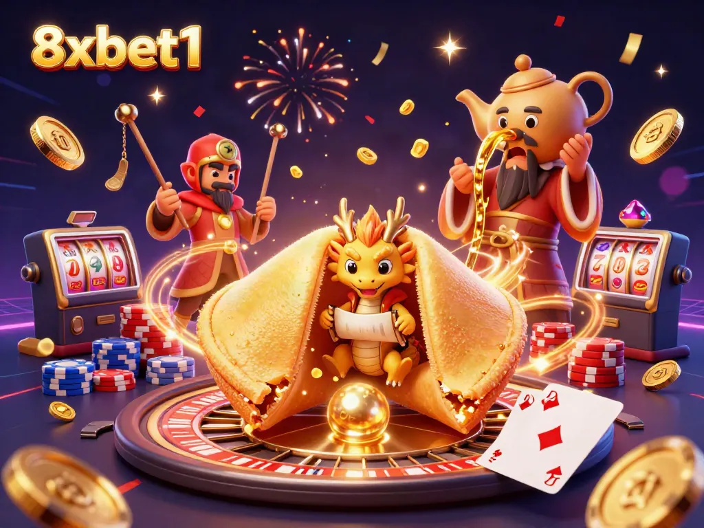 Engage in thrilling games at 8xbet1 with golden fortune cookie illustrations and dynamic casino elements.